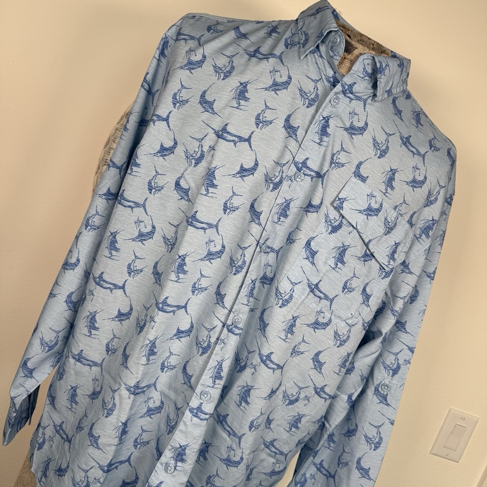 Guy Harvey Fishing Shirt Mens XL RollTab Long Sleeve Button Up Blue‎ Performance